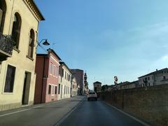 View of Battaglia Terme town with buildings and church