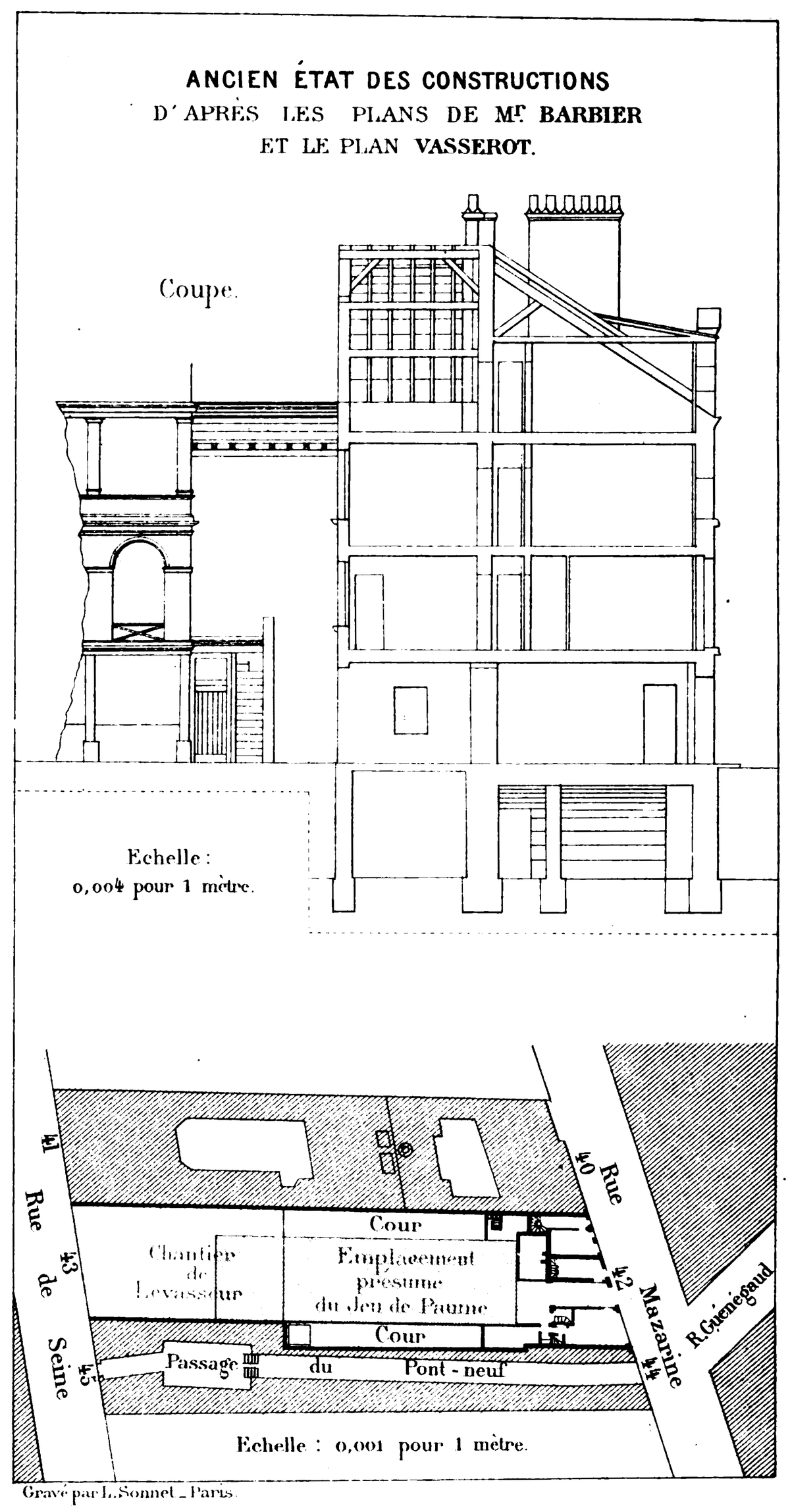 Historical map showing the site of Jeu de Paume de la Bouteille in Paris in 1849
