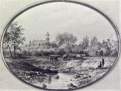 Historic rural scene in Sault-au-Récollet with the original 1749 church of Visitation-de-la-Bienheureuse-Vierge-Marie featuring a two-lantern bell tower, two boys herding cows in a meadow, farmhouses, and trees by the Prairie River