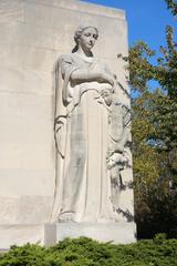 Brooklyn World War II Memorial featuring bronze statues and stone pillars in Brooklyn, New York