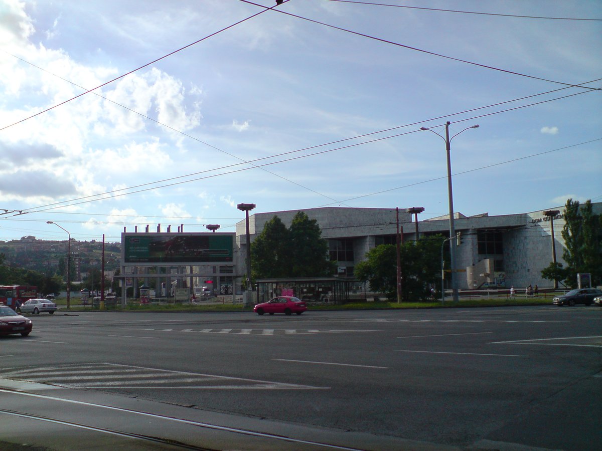 Trnavské mýto urban square in Bratislava with tram tracks and city buildings