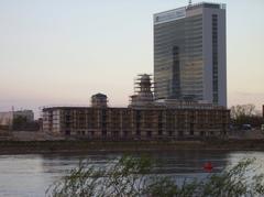 Bratislava riverfront with historic buildings and river