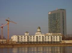 High-rise modern office buildings in Eurovea complex under blue sky