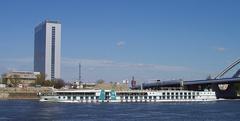 River cruise ship Maxima near Tower 115 in Bratislava