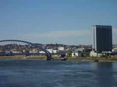 Panoramic view of Bratislava city with historical buildings and the Danube River