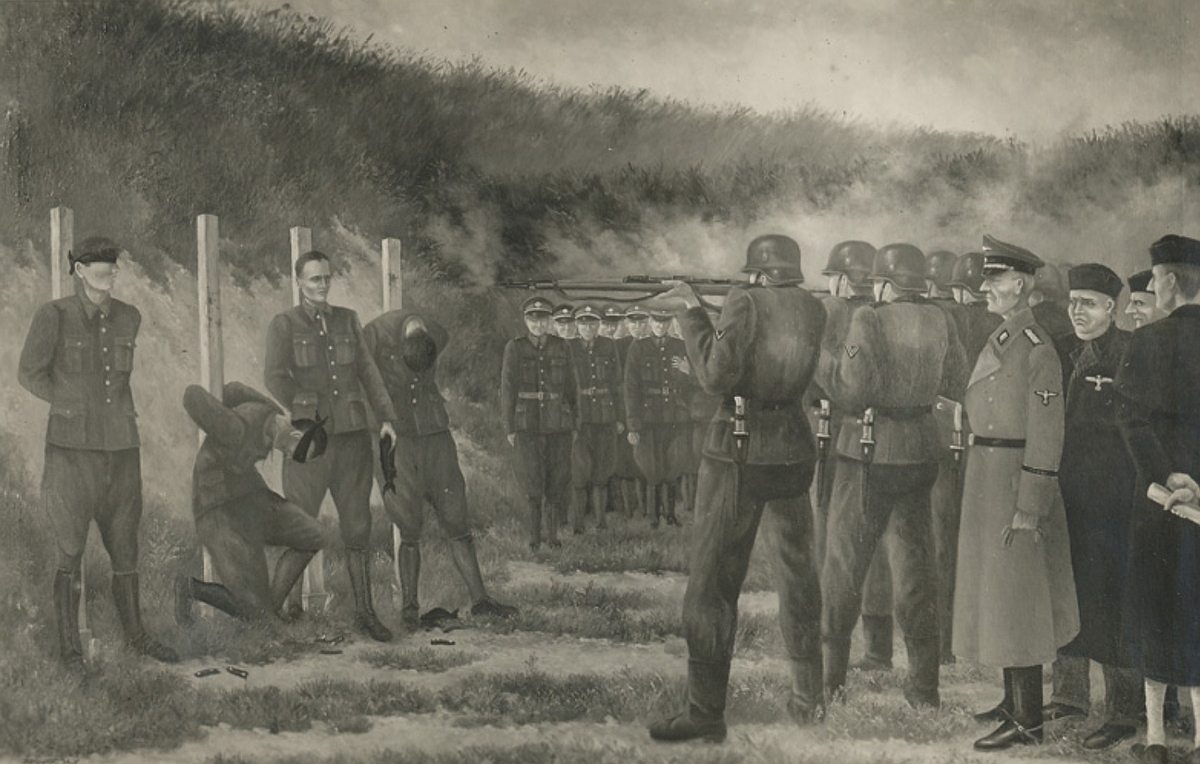 Black-and-white painting of the execution of four Czech gendarmes by firing squad in Prague Kobylisy in 1943