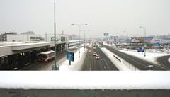 View of Prague Metro from bridge over Chlumecká street in Černý Most during snowy winter 2010