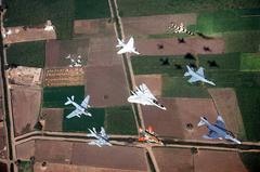 Air-to-air top view of U.S. and Egyptian aircraft in formation during Bright Star '83 joint exercise