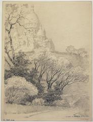 Drawing of Square Montmartre with street, trees and Sacré-Coeur Basilica in background, Paris 1926