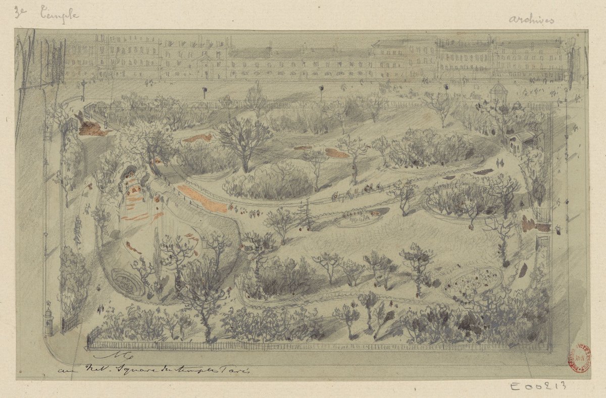 19th century urban landscape drawing of Square du Temple in Paris, 2nd arrondissement