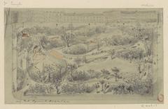 19th century urban landscape drawing of Square du Temple in Paris, 2nd arrondissement