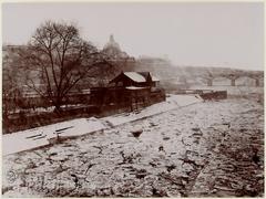 Frozen Seine River with Square Vert-Galant and Church in Paris during winter 1879-1880
