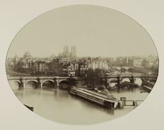Panoramic view of the Île de la Cité, Square du Vert-Galant, Pont-Neuf bridge, the Seine river, and the Henri IV baths in Paris around 1865-1875