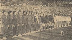Romanian and Danish women's handball teams with five referees at the 1962 World Championship final