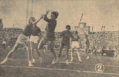 Anna Kristensen and Maria Constantineseu playing handball at Stadionul Republicii in Bucharest on July 15, 1962