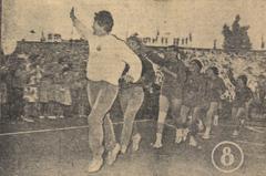 Romanian women's handball team celebrating on the field during the victory lap after a match against Denmark on July 15, 1962, at Stadionul Republicii, Bucharest