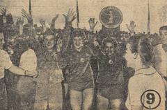 Constanța Dumitrescu, Edeltraute Frantz and Iosefina Ștefănescu during Romania vs Denmark handball match on July 15, 1962 at Stadionul Republicii, Bucharest