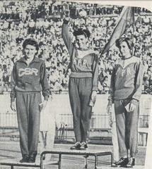 Bedřiška Müllerová, Florica Oțel and Elisabeta Buda at the triangular athletics meeting R.P.R. - Italy - Czechoslovakia at the Republic Stadium in Bucharest