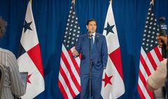 Secretary Marco Rubio speaking to the press at Albrook Airport Panama City Panama February 2025