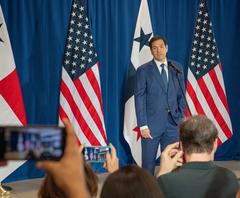 Secretary Marco Rubio speaking to the press at Albrook Airport Panama City Panama