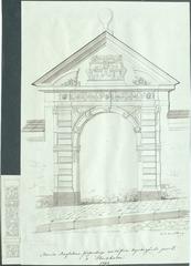 Northeastern cemetery gate from 1651 at Maria Magdalena Church, Stockholm, historic ink drawing by C.F. Lindberg from 1869