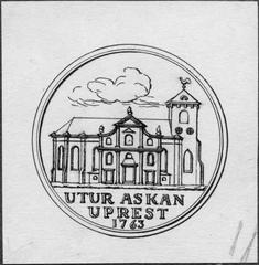 Illustration of Maria Magdalena Church exterior with inscription 'Utur askan uprest 1763'