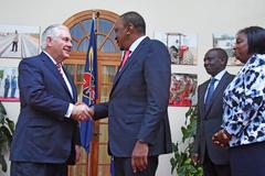 U.S. Secretary of State Rex Tillerson shaking hands with Kenyan President Uhuru Kenyatta at State House Nairobi 2018