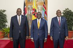 Secretary of Defense Lloyd Austin, Kenya President William Ruto, and Kenya Defense Cabinet Secretary Aden Duale during bilateral exchange at Kenya State House