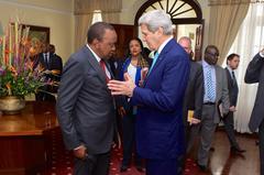 U.S. Secretary of State John Kerry meeting Kenyan President Uhuru Kenyatta at State House Nairobi May 2015