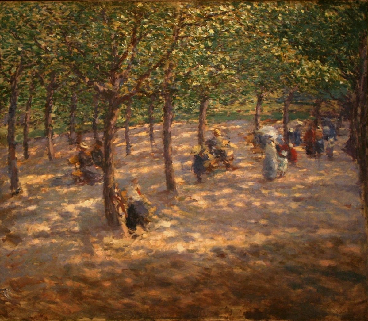 Antonín Slavíček painting of Letná Park with trees and people on benches on a sunny day