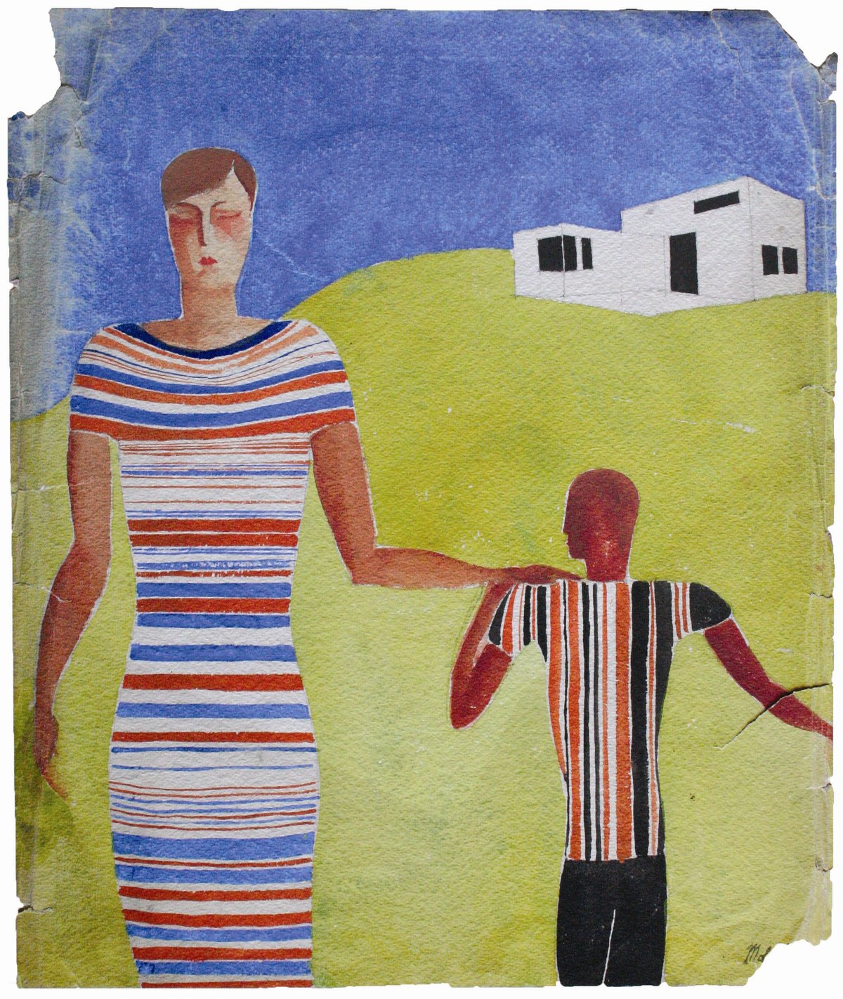 Abstract artwork featuring two stylized human figures in black and white