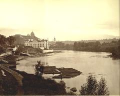 Neris River with Slusko Palace and Gediminas Tower above