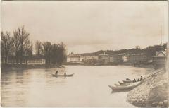 Historical view of Vilnia river and Vialla river near Antokal with Slushkov Palace in 1916