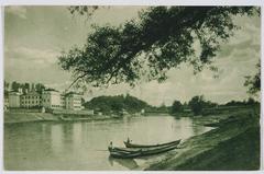 Historic image of Vilnia River (Vialla) near Antokal featuring the Slushko Palace during 1920-1939