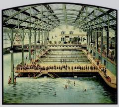Vintage poster of Sutro Baths circa 1894 showing large swimming pools and wooden structure