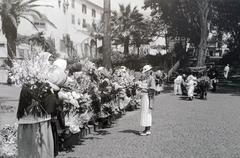 Vintage photo of elegant tourist in front of flower sellers at city entrance, with ox-cart descending Avenida Zarco towards São Lourenço Palace, Funchal, Madeira, 1930-1935
