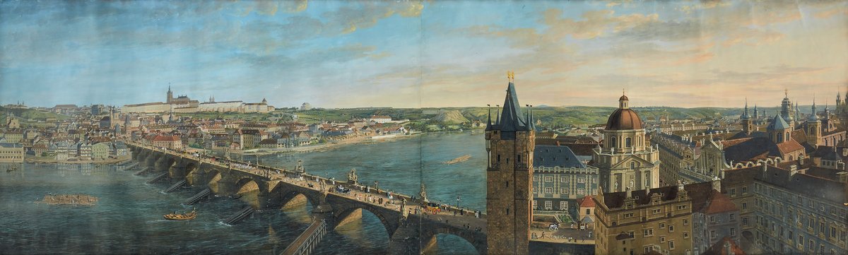 Panoramic view of Prague cityscape with historical buildings and river