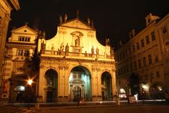 East entrance to the Clementinum illuminated at night in Prague Czech Republic