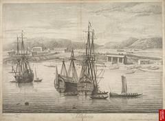 Historical engraving of Tellicherry town by Gerard van der Gucht, 1736