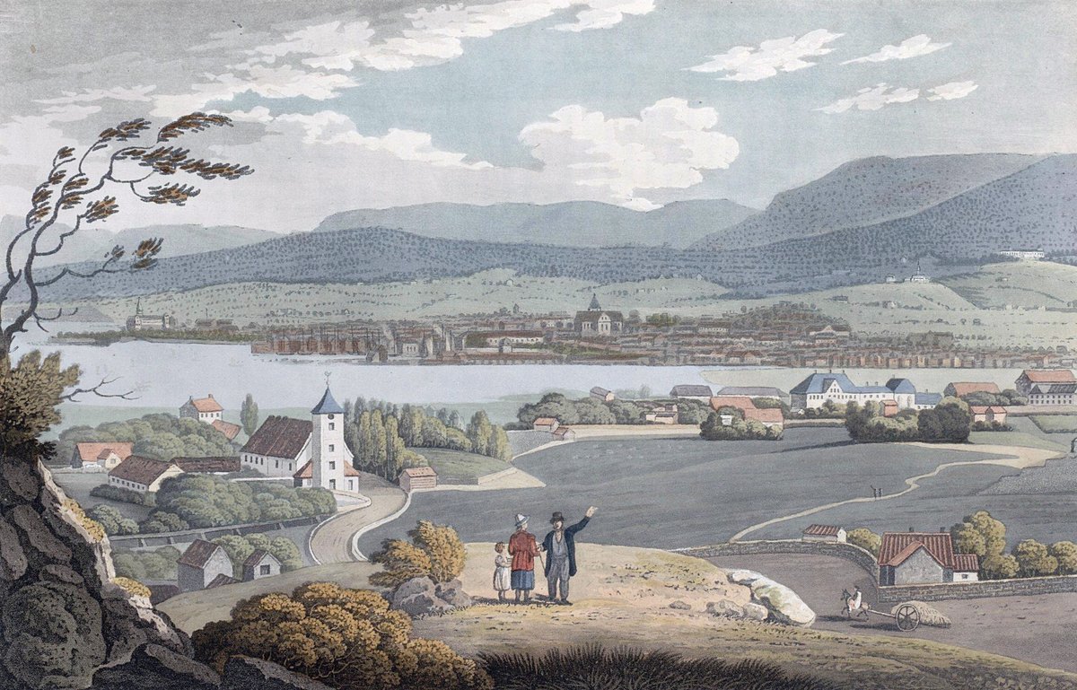 Historical view of the city of Christiania (now Oslo) from Egeberg mountain showing Akershus Fortress, old city ruins, churches, and harbor with ships
