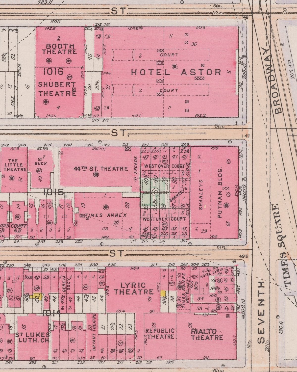 1916 Times Square map showing locations of Hotel Astor, Booth Theatre, Shubert Theatre, Rialto Theatre, Lyric Theatre, The Little Theatre, Times Annex, and St. Luke's Lutheran Church