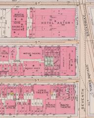 1916 Times Square map showing locations of Hotel Astor, Booth Theatre, Shubert Theatre, Rialto Theatre, Lyric Theatre, The Little Theatre, Times Annex, and St. Luke's Lutheran Church