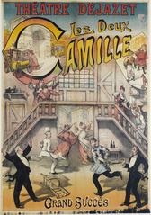 Vintage lithographic poster for THEÂTRE DEJAZET's play Les Deux CAMILLE showing an interior scene with actors, guards, couples, children, fiacres and the Arc de Triomphe, Paris 1891