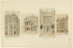 Black and white pencil drawing of the R. D. Vaudeville Theater at the corner of Chaussée d'Antin in Paris from 1875
