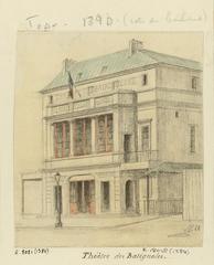 1868 watercolor and pencil drawing of the Batignolles theater in Paris by Léon Leymonnerye