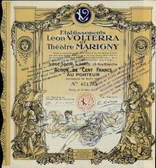 Share certificate of Etablissements Léon Volterra and Théâtre Marigny dated May 30, 1927