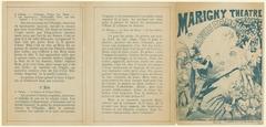 Antique wood engraving of a theater program for La bulle d'amour at Marigny Theatre, folded trifold parchment with ornate typography and illustrations