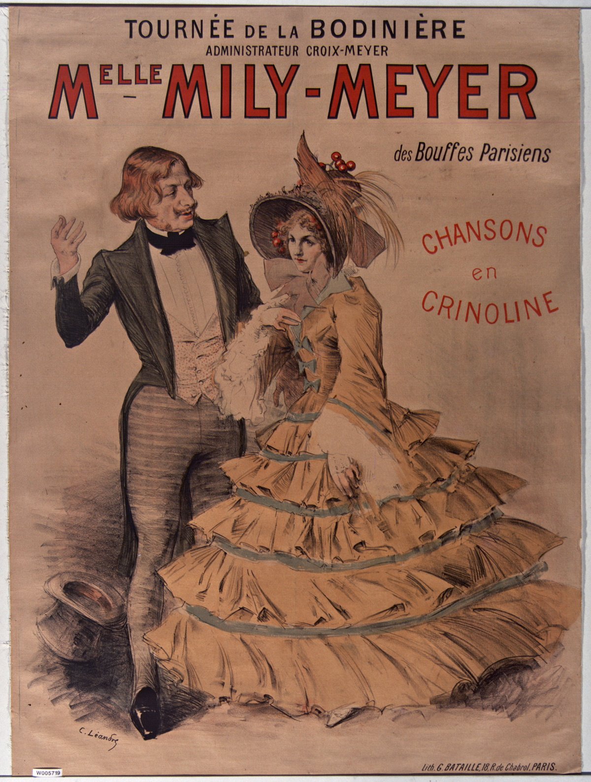 Vintage lithographic poster of Melle Milly-Meyer performing Chansons en crinoline at La Bodinière tour in 1901 by Charles Léandre