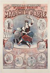 Lithographic theater poster from 1882 for Theatre de la Renaissance's operetta Madame Le Diable featuring Jeanne Granier and others, with whimsical illustrations including a young woman with horns and a tambourine