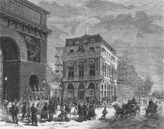 Théâtre de la Renaissance in Paris with the Porte Saint-Martin monument in front and scaffolding on nearby building